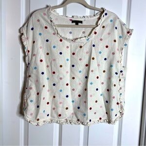 For Cynthia White cream Linen Ruffle Polka Dot Top large  ruffles
